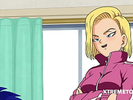 Android 18 Secret Training - Blonde cartoon milf from dragonball rides cock while Krillin is working