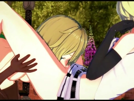 Ryuu Lion and Aiz Wallenstein have lesbian sex and strapon fuck in the garden - Danmachi Hentai.