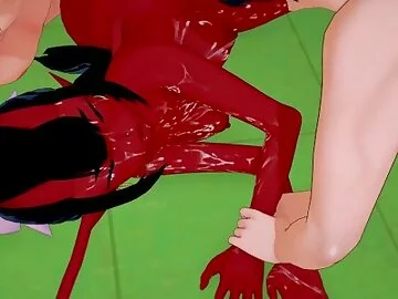 Meru the succubus gets fucked by two guys and covered in cum.
